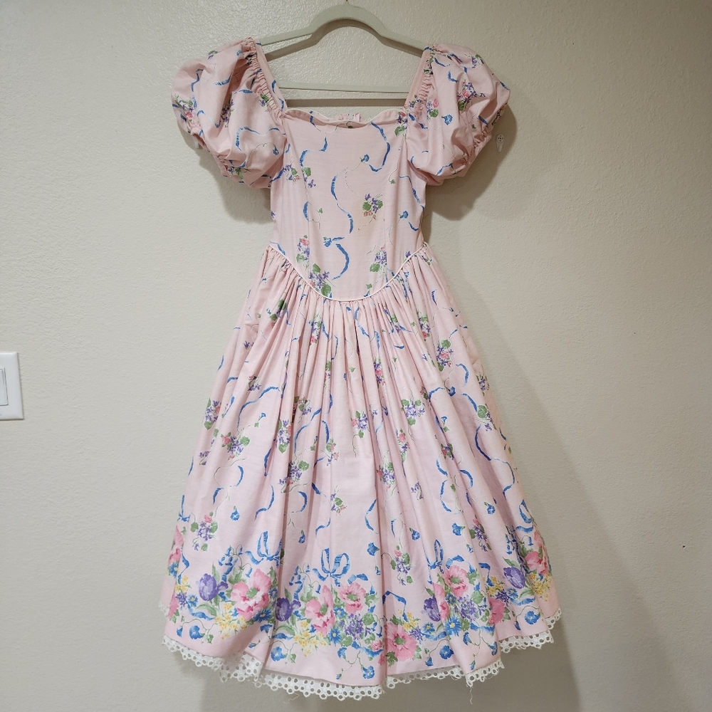 Vintage Daisy Kingdom Floral Dress Puff Sleeve Petticoat Lace Cottagecore size 8